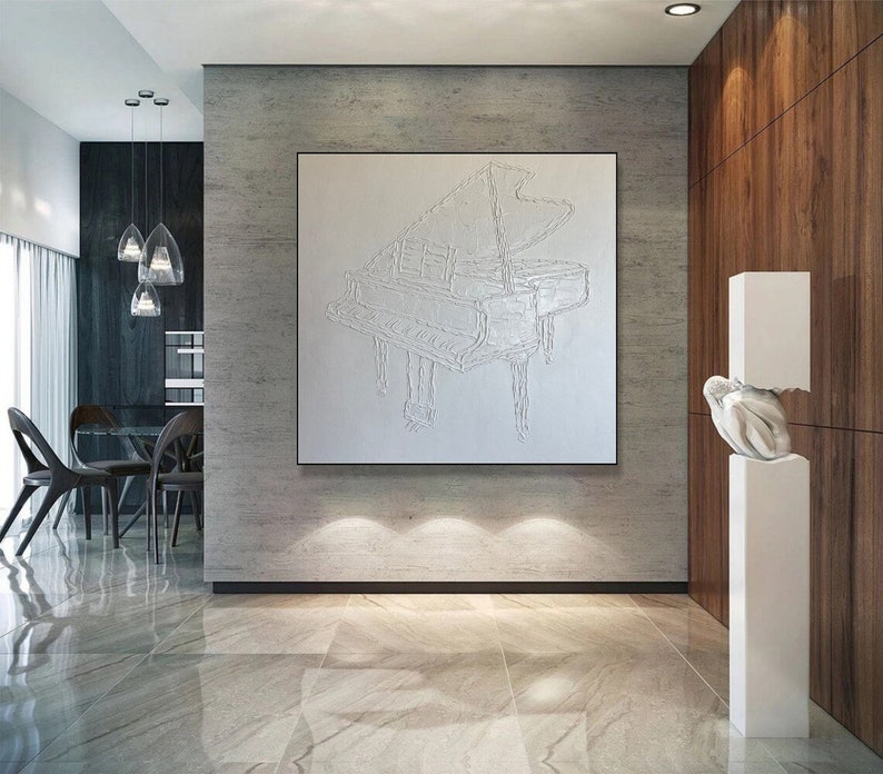 Original Grand Piano Oil Painting Abstract White Textured Wall Art Music Artwork for Bedroom Decor WHITE PIANO