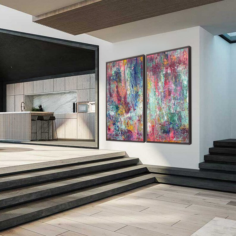 Original Colorful Set Of 2 Acrylic Painting On Canvas Textured AbstractWall Art for Home Decor RAINBOW NOISE