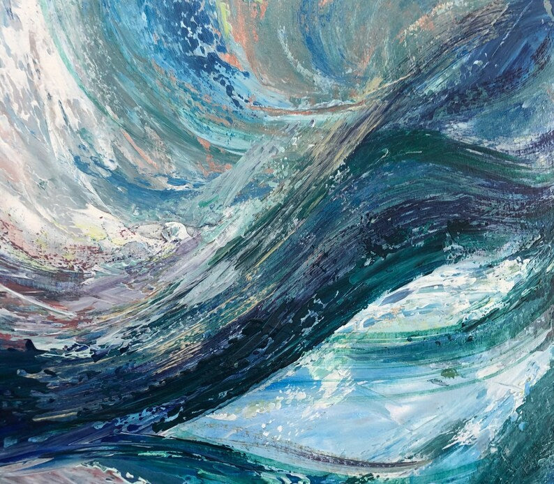 Abstrakt blåt maleri Lyseblåt maleri Abstrakte havscener Bølgemaleri Stueindretning Akrylmaleri Kontorvægkunst