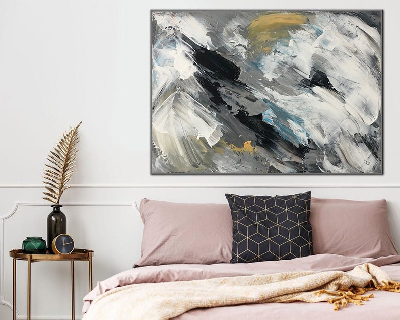 Abstract Brushstroke Painting Modern Large Gray Painting Contemporary Art Office Wall Art Custom Gift Black And White Art Framed Art Decor