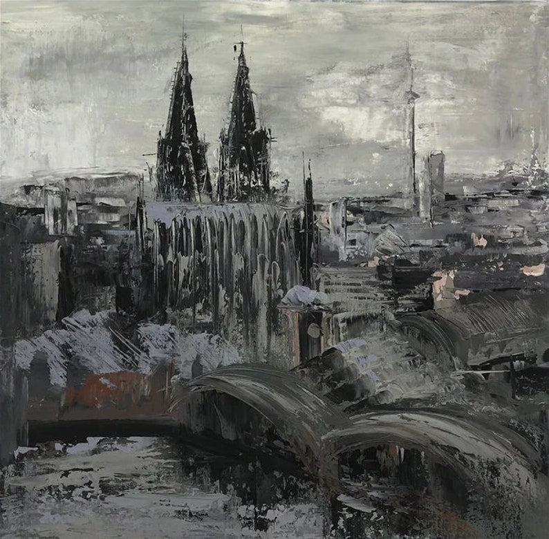 Abstract Cityscape Paintings On Canvas, Original Black And White Art, Impressionism Contemporary Art Unique Boho Style Wall Decor for Home