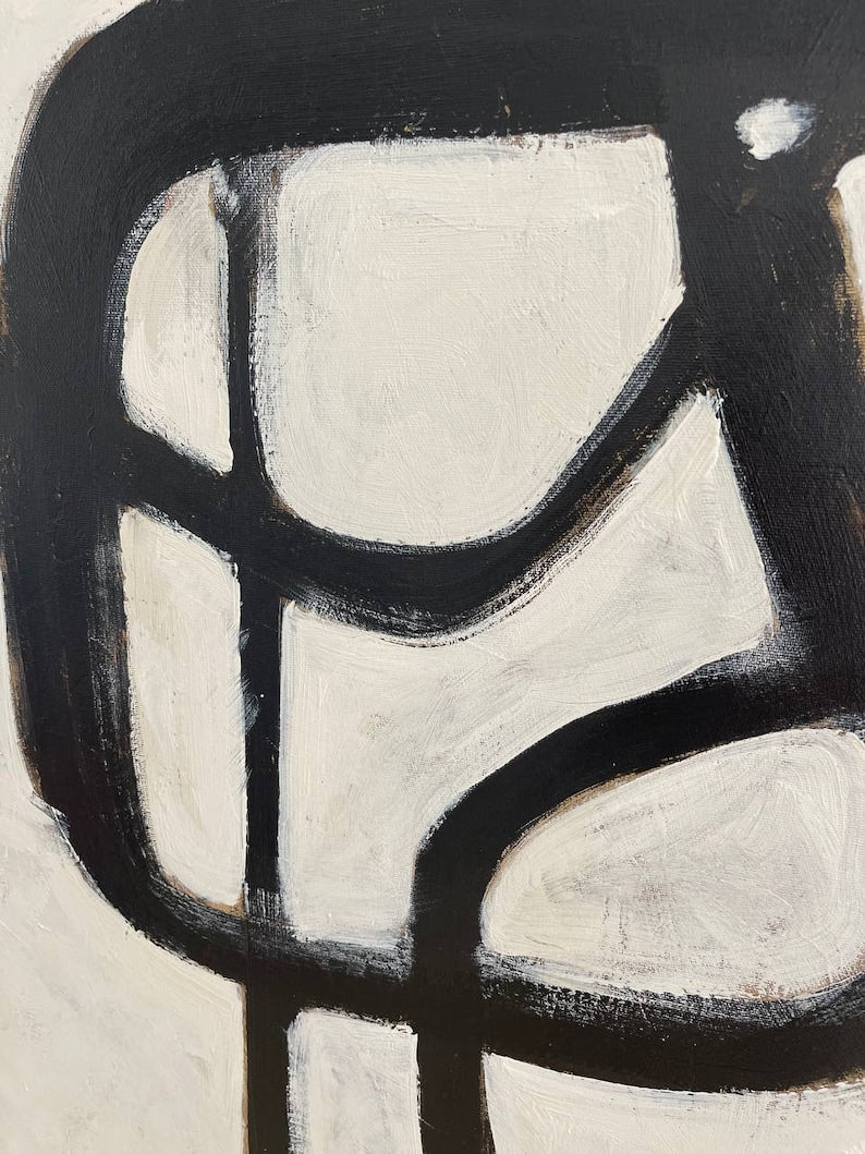 Abstrakte Wabi-Sabi-Kunst, Schwarz-Weiß, Japandi-Quadrat mit abgerundeten Kanten, Gemälde, moderne strukturierte minimalistische Kunst, individuelle Öl-Wanddekoration