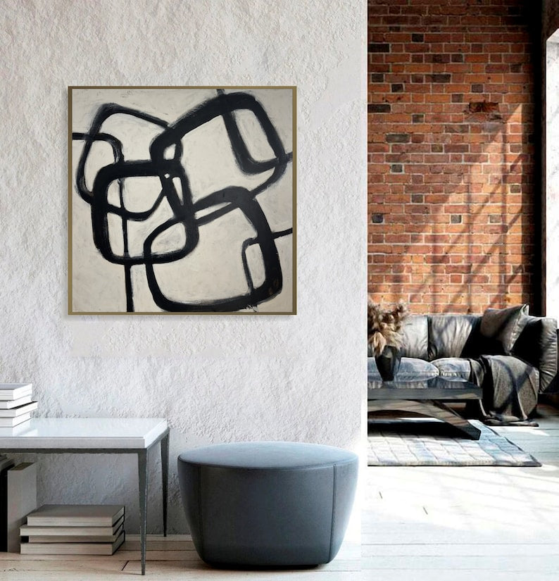 Abstrakte Wabi-Sabi-Kunst, Schwarz-Weiß, Japandi-Quadrat mit abgerundeten Kanten, Gemälde, moderne strukturierte minimalistische Kunst, individuelle Öl-Wanddekoration