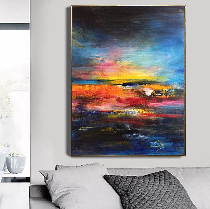 Abstract Painting Colorful Painting Sunset Painting Canvas Blue Painting Modern Textured Sunset Painting for Living Room COLORFUL SUNSET