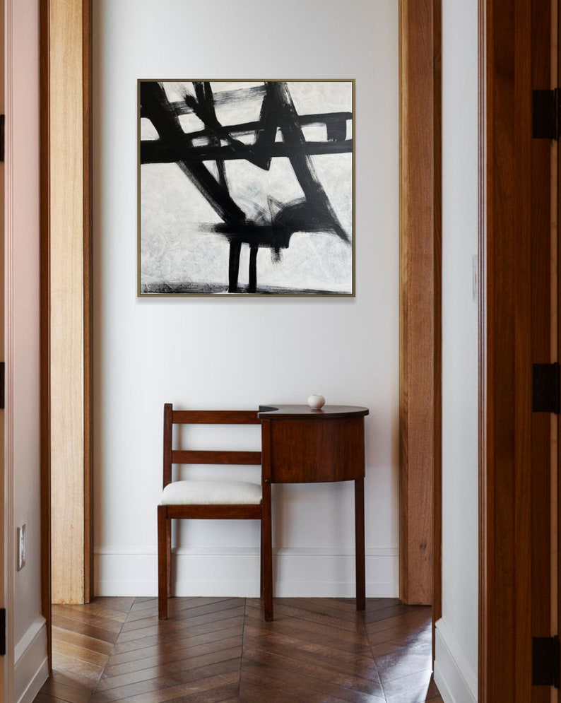 Original Abstract Black and White Paintings on Canvas, Textured Franz Kline Style Painting, Modern Minimalist Artrowk for Home Wall Decor