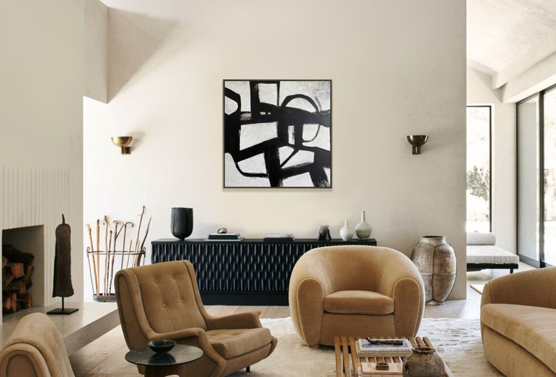 Abstrakte sort-hvide malerier på lærred, originalt maleri i Franz Kline-stil, tekstureret minimalistisk kunst, moderne vægdekoration til hjemmet