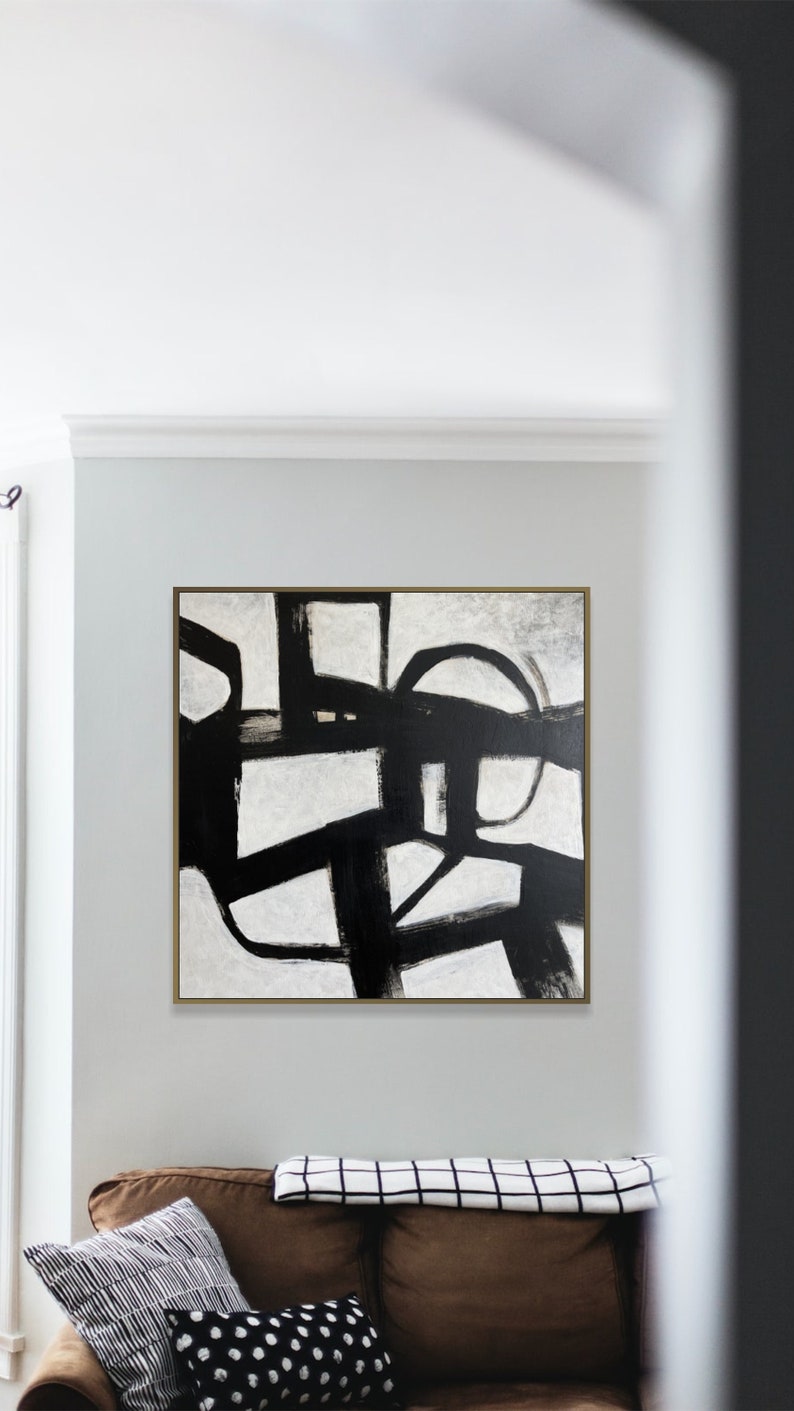Abstrakte sort-hvide malerier på lærred, originalt maleri i Franz Kline-stil, tekstureret minimalistisk kunst, moderne vægdekoration til hjemmet