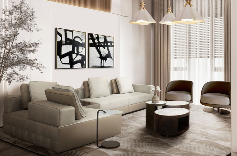 Abstract Black And White Franz Kline Style Set of 2 Paintings On Canvas, Geometric Minimalist Artwork, Original Oil Painting for Home Decor