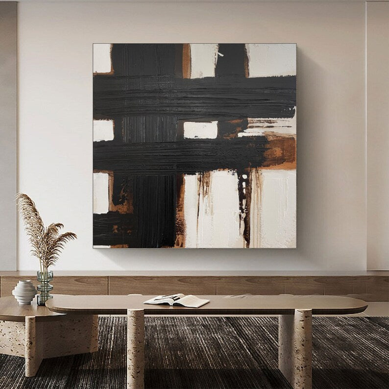 Original Dark Brown Acrylic Painting Abstract Geometric Lines Wall Art Modern Decor for Living Room DARK GRID
