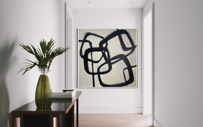 Abstrakte Wabi-Sabi-Kunst, Schwarz-Weiß, Japandi-Quadrat mit abgerundeten Kanten, Gemälde, moderne strukturierte minimalistische Kunst, individuelle Öl-Wanddekoration