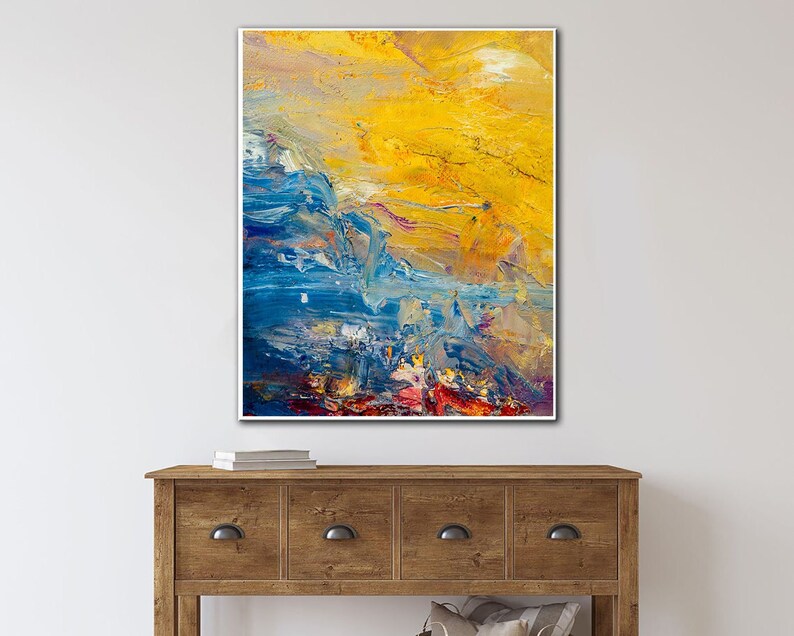 Large Abstract Landscape Paintings On Canvas, Original Blue And Yellow Painting, Modern Wall Hanging Decor, Acrylic Handmade Wall Art