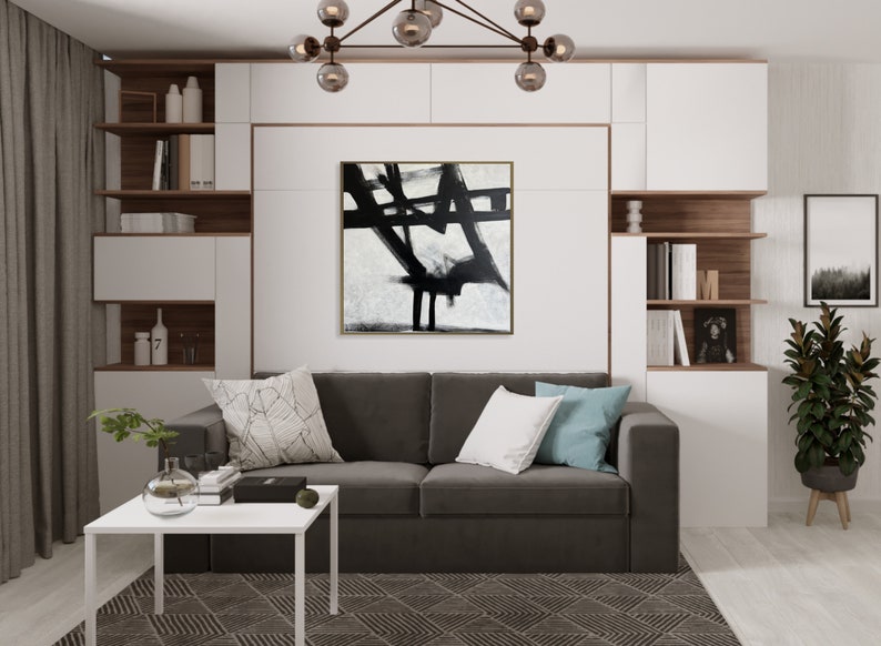 Original Abstract Black and White Paintings on Canvas, Textured Franz Kline Style Painting, Modern Minimalist Artrowk for Home Wall Decor