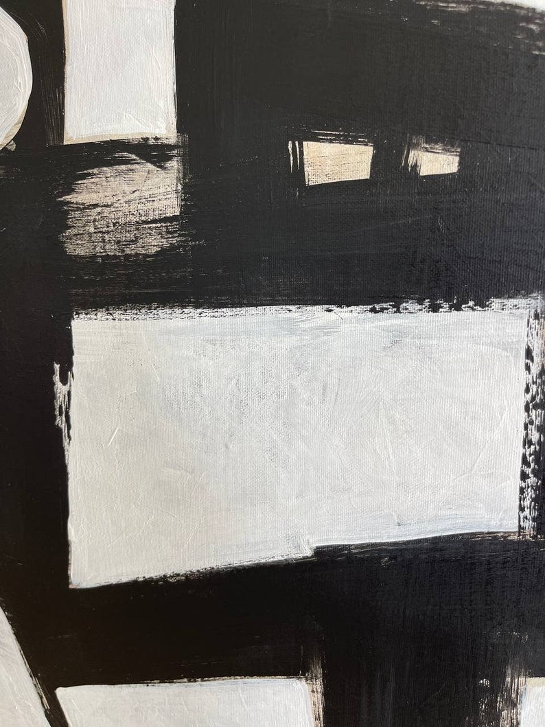 Abstrakte sort-hvide malerier på lærred, originalt maleri i Franz Kline-stil, tekstureret minimalistisk kunst, moderne vægdekoration til hjemmet