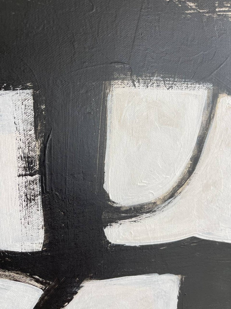 Abstrakte sort-hvide malerier på lærred, originalt maleri i Franz Kline-stil, tekstureret minimalistisk kunst, moderne vægdekoration til hjemmet