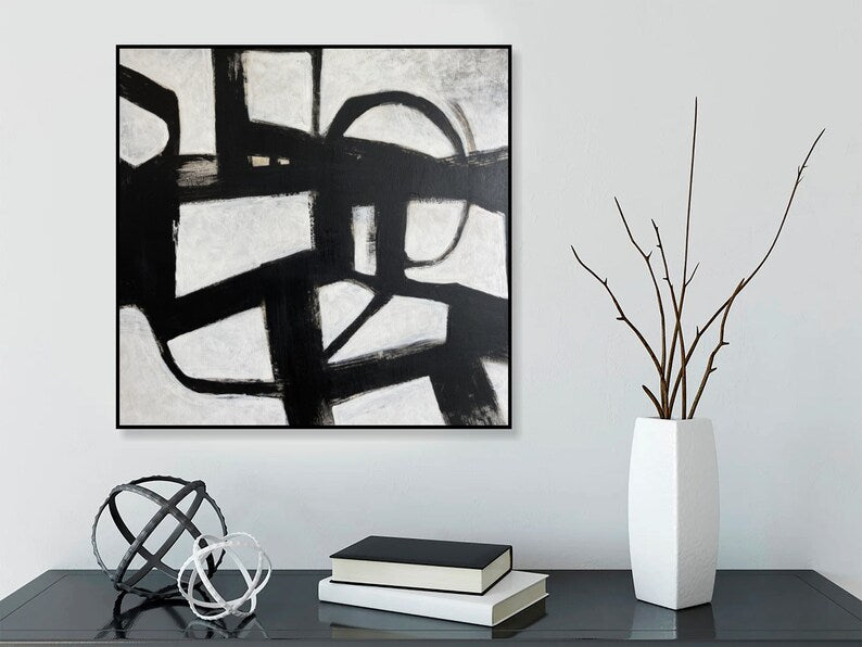 Abstrakte sort-hvide malerier på lærred, originalt maleri i Franz Kline-stil, tekstureret minimalistisk kunst, moderne vægdekoration til hjemmet