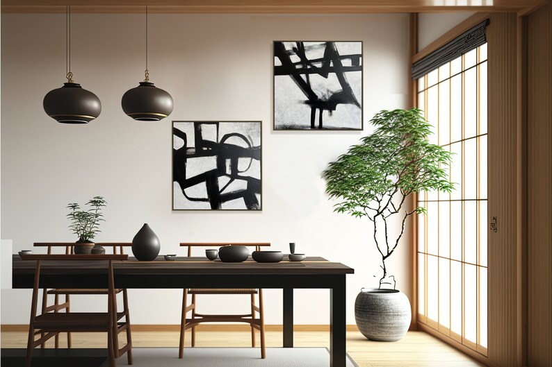 Abstract Black And White Franz Kline Style Set of 2 Paintings On Canvas, Geometric Minimalist Artwork, Original Oil Painting for Home Decor