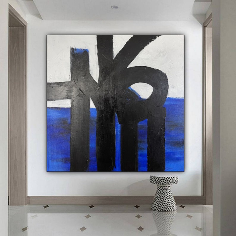 Original Square Acrylic Painting Abstract Black Shapes On White and Blue Modern Decor for Home OIL PLATFORM