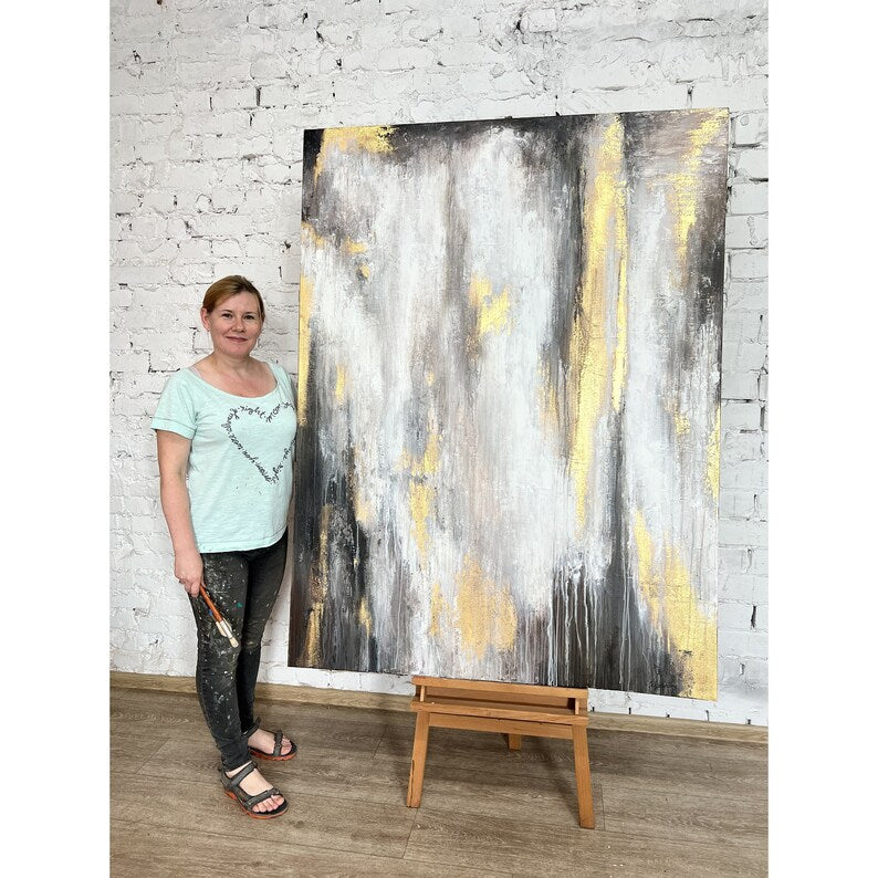 Black and Gold Luxury Abstract, Abstract Painting, Original Paintings Wall Art Long Large Original Canvas Artwork