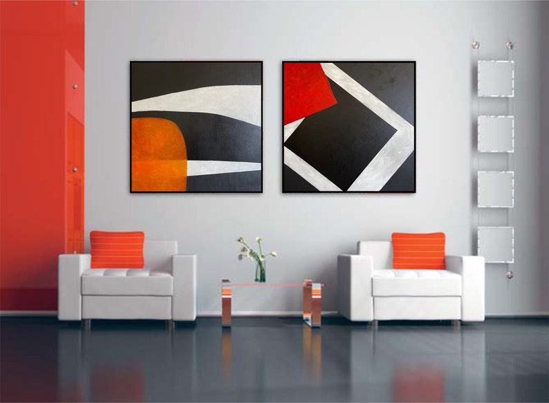 Abstract Tricolor Set of 2 Acrylic Paintings On Canvas Black and White and Red Artwork Decor for Home OUTCRY AND OBJECTION