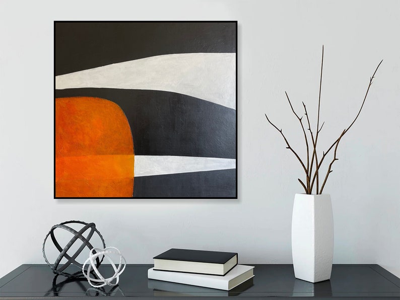 Modern Wall Art Abstract Painting Black, White, and Orange Geometric Minimalist Art on Canvas Oversized Wall Art New Home Gift