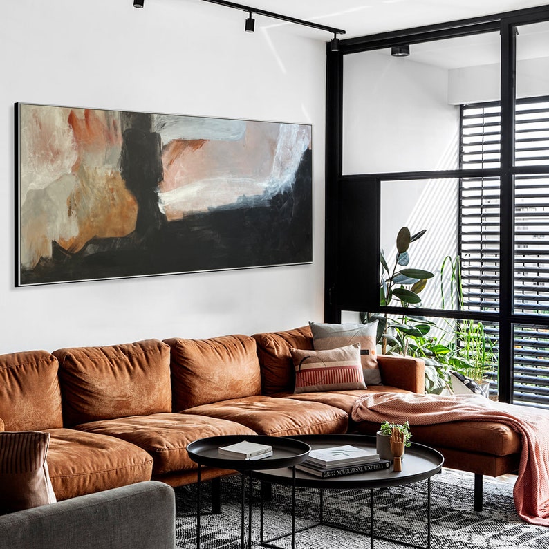 Extra Large Horizontal Black And Beige Canvas Art Abstract Artwork Oversized Wall Art Abstract Minimalism Modern Paintings Acrylic