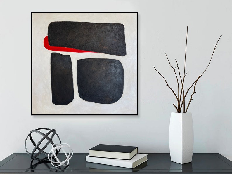 Original Geometric Oil Painting Abstract Three Black Stones Modern Black and White Artwork Decor for Home RIGHT WAY