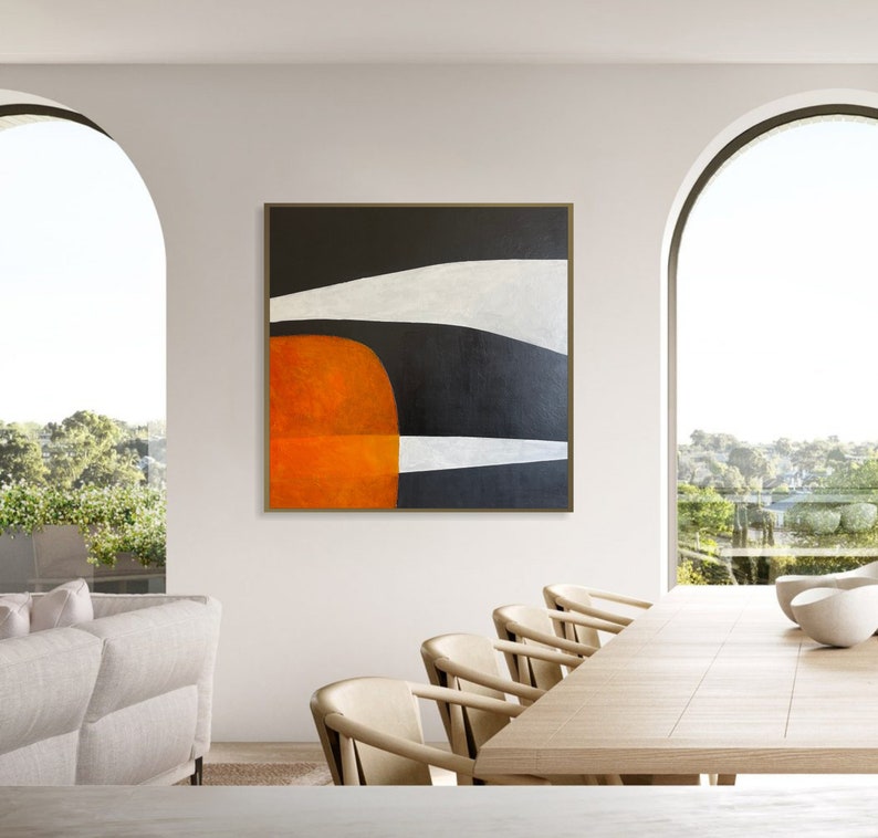 Modern Wall Art Abstract Painting Black, White, and Orange Geometric Minimalist Art on Canvas Oversized Wall Art New Home Gift