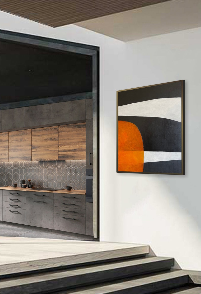 Modern Wall Art Abstract Painting Black, White, and Orange Geometric Minimalist Art on Canvas Oversized Wall Art New Home Gift