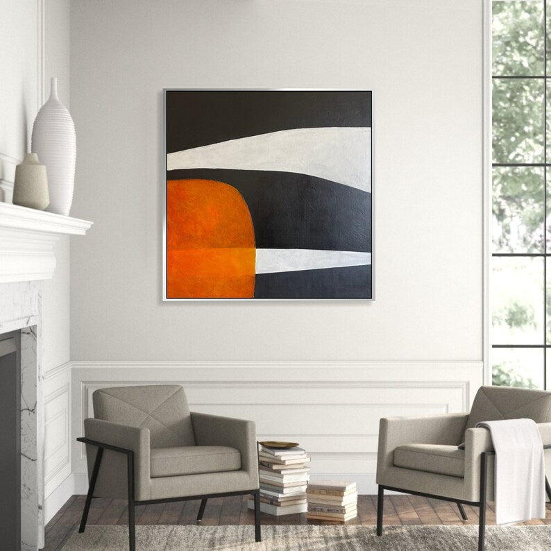 Modern Wall Art Abstract Painting Black, White, and Orange Geometric Minimalist Art on Canvas Oversized Wall Art New Home Gift