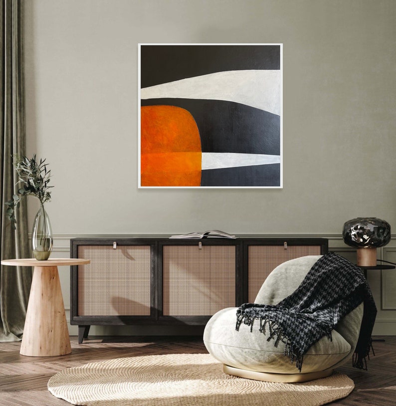 Modern Wall Art Abstract Painting Black, White, and Orange Geometric Minimalist Art on Canvas Oversized Wall Art New Home Gift