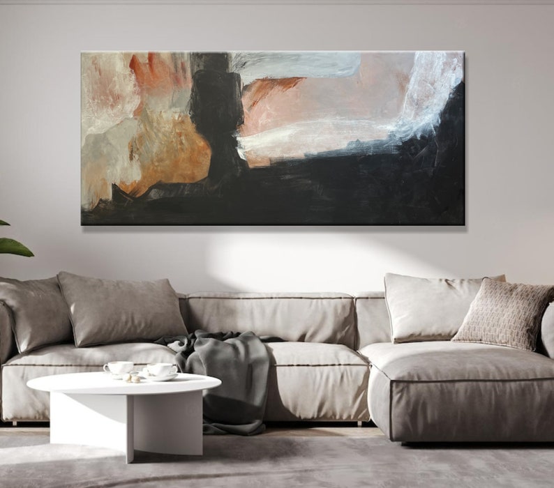 Extra Large Horizontal Black And Beige Canvas Art Abstract Artwork Oversized Wall Art Abstract Minimalism Modern Paintings Acrylic