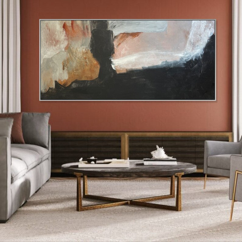 Extra Large Horizontal Black And Beige Canvas Art Abstract Artwork Oversized Wall Art Abstract Minimalism Modern Paintings Acrylic