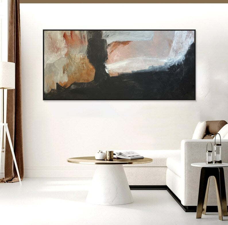 Extra Large Horizontal Black And Beige Canvas Art Abstract Artwork Oversized Wall Art Abstract Minimalism Modern Paintings Acrylic