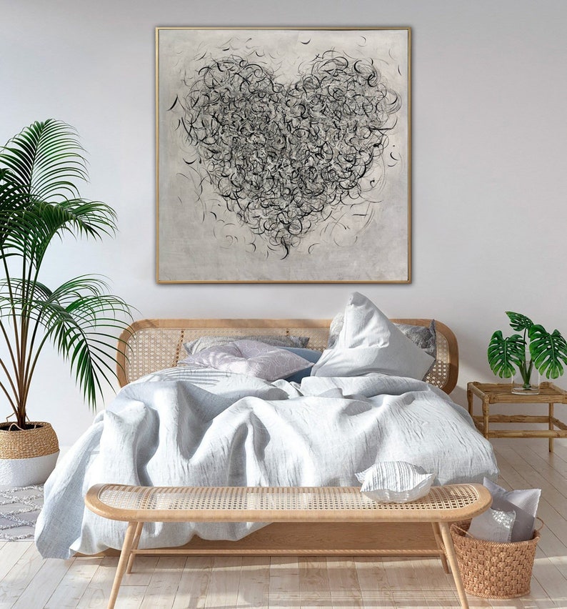 Abstract Heart Painting Modern Wall Art Anniversary Gift Black and White Minimalist Wall Art Unique Wall Art Bedroom Decor Original Painting