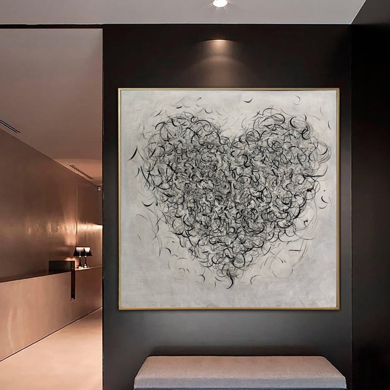 Abstract Heart Painting Modern Wall Art Anniversary Gift Black and White Minimalist Wall Art Unique Wall Art Bedroom Decor Original Painting