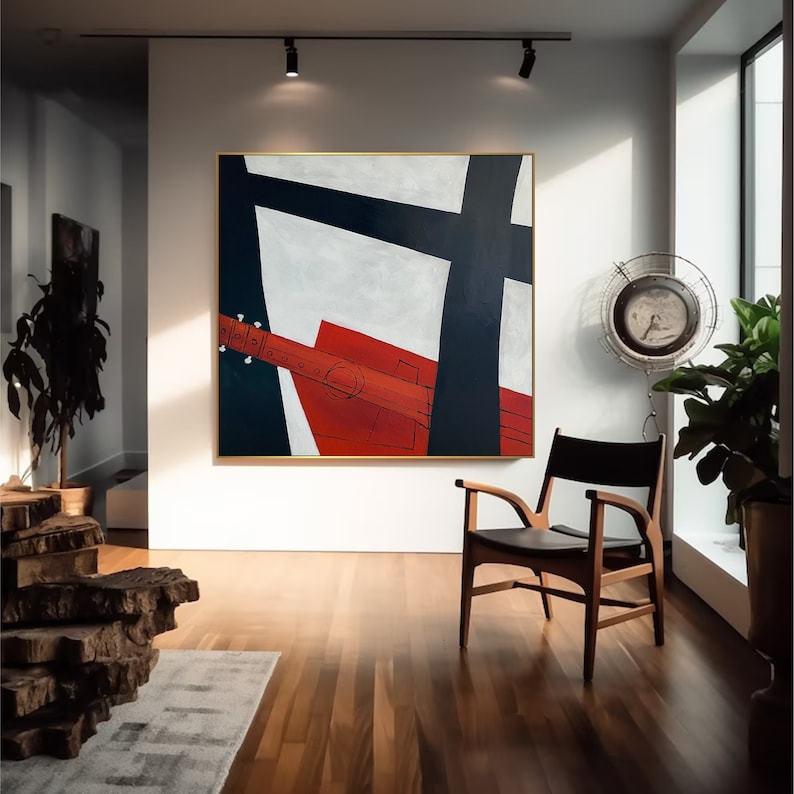 Abstract Geometric Figures Paintings On Canvas Modern Black And White Painting Musical Instrument Artwork Abstract Red Guitar Wall Art Decor