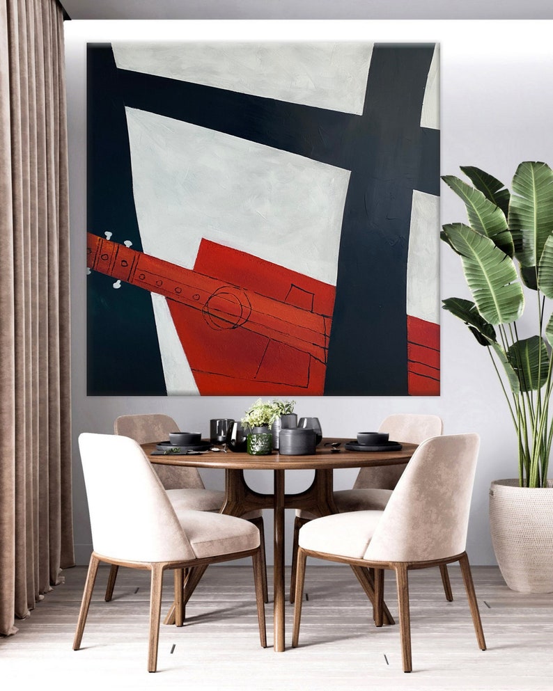 Abstract Geometric Figures Paintings On Canvas Modern Black And White Painting Musical Instrument Artwork Abstract Red Guitar Wall Art Decor