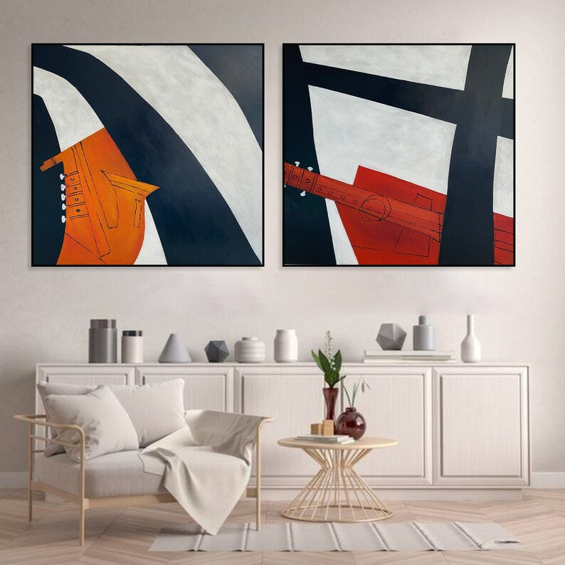 Abstract Set of 2 Acrylic Minimalist Paintings On Canvas Geometric Figures Musical Instruments Red Guitar and Orange Trumpet Art Wall Decor