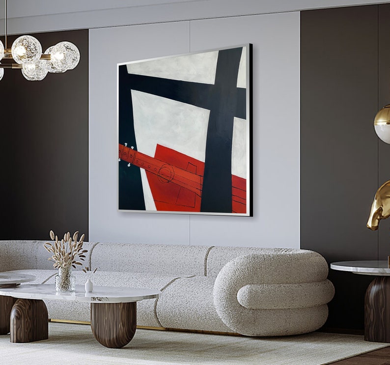 Abstract Geometric Figures Paintings On Canvas Modern Black And White Painting Musical Instrument Artwork Abstract Red Guitar Wall Art Decor