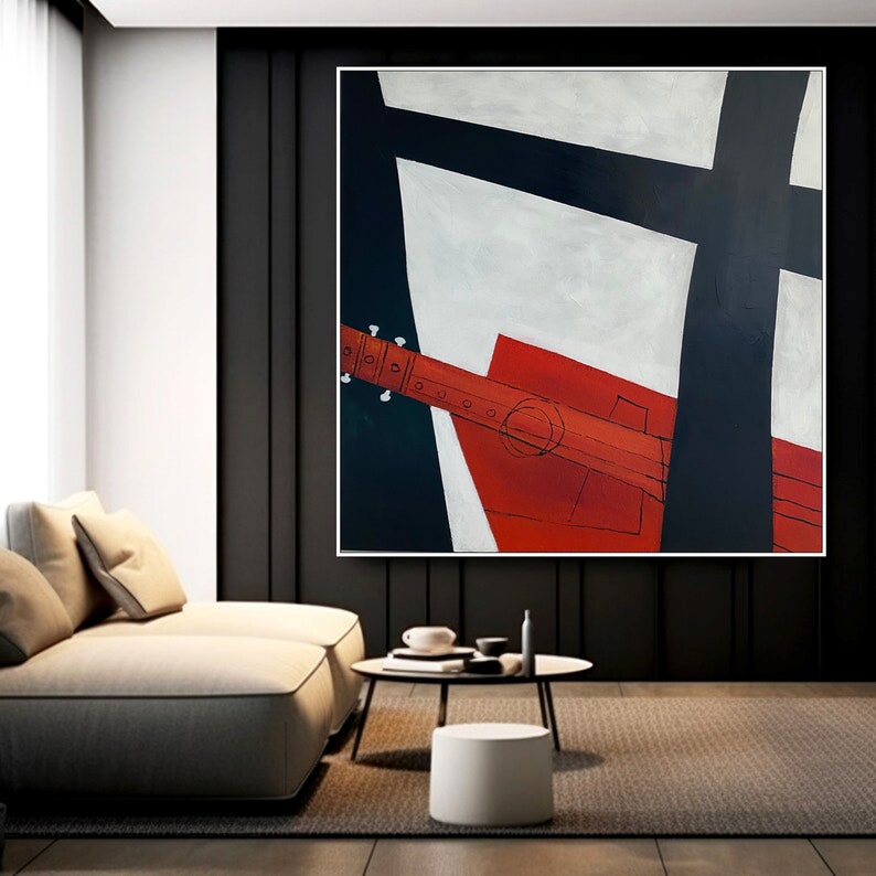 Abstract Geometric Figures Paintings On Canvas Modern Black And White Painting Musical Instrument Artwork Abstract Red Guitar Wall Art Decor