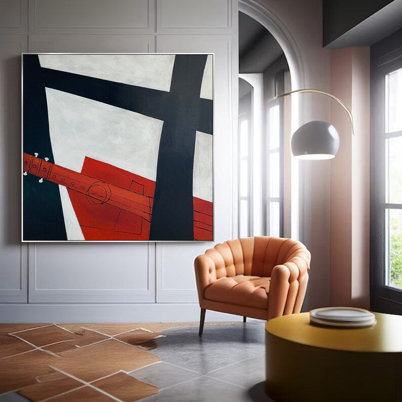 Abstract Geometric Figures Paintings On Canvas Modern Black And White Painting Musical Instrument Artwork Abstract Red Guitar Wall Art Decor