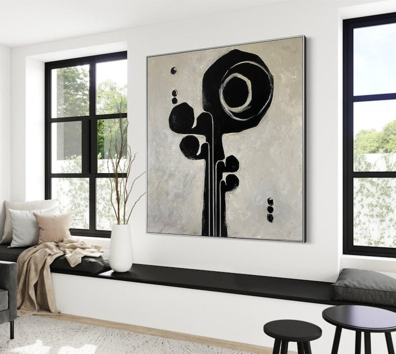 Abstrakte schwarz-weiße Cello-Gemälde auf Leinwand, moderner Minimalismus, Musikinstrumentenkunst, strukturiertes monochromes Ölgemälde für Zuhause