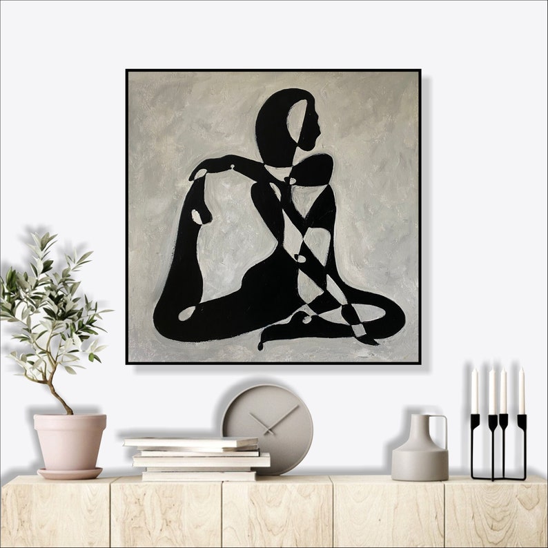 Abstrakte figurative Schwarz-Weiß-Gemälde auf Leinwand Moderne elegante weibliche figurative Abstraktion Kunst Moderne minimalistische Kunst Wanddekoration