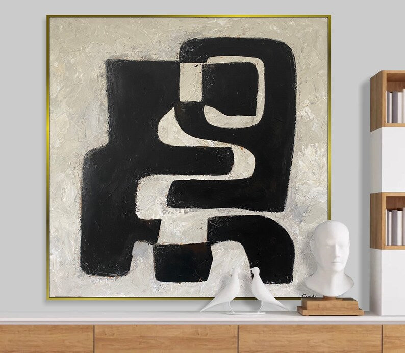 Minimalist Art Geometric Paintings Black and Beige Paintings On Canvas Modern Wall Art Textured Oil Painting Living Room Decor