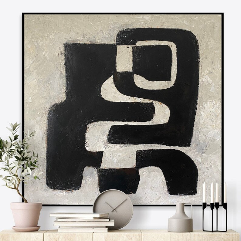 Minimalist Art Geometric Paintings Black and Beige Paintings On Canvas Modern Wall Art Textured Oil Painting Living Room Decor
