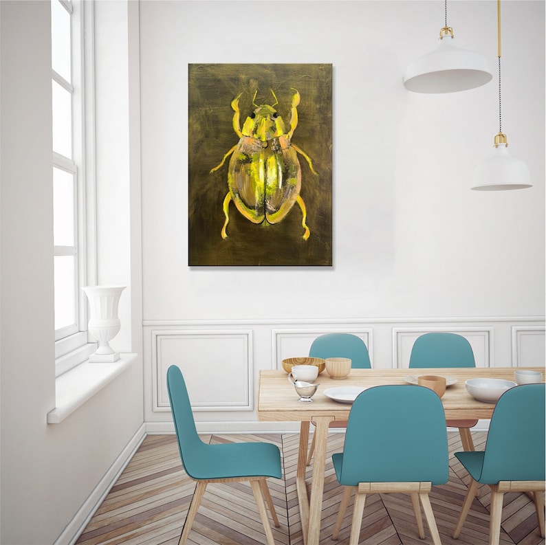 Golden Beetle Abstract Painting Unique Insect Art on Canvas, Modern Handmade Wall Decor, Nature-Inspired Artwork for Home or Office