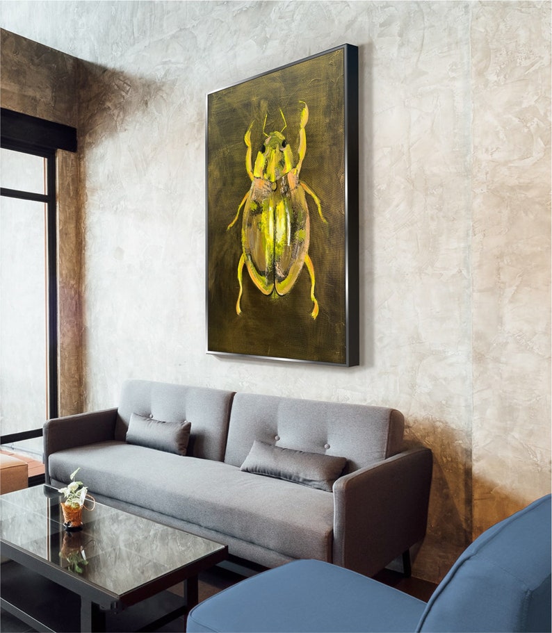 Golden Beetle Abstract Painting Unique Insect Art on Canvas, Modern Handmade Wall Decor, Nature-Inspired Artwork for Home or Office
