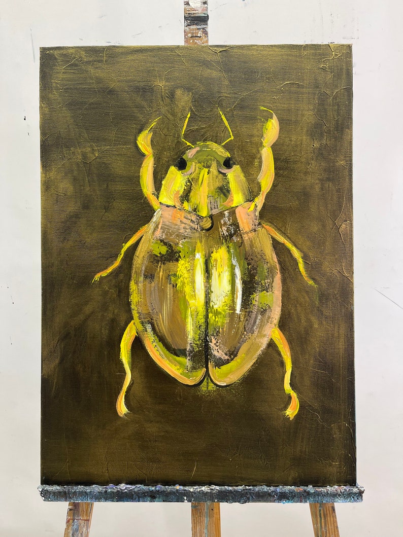 Golden Beetle Abstract Painting Unique Insect Art on Canvas, Modern Handmade Wall Decor, Nature-Inspired Artwork for Home or Office