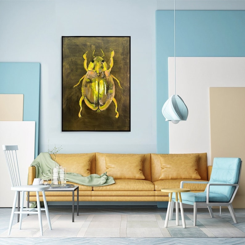 Golden Beetle Abstract Painting Unique Insect Art on Canvas, Modern Handmade Wall Decor, Nature-Inspired Artwork for Home or Office