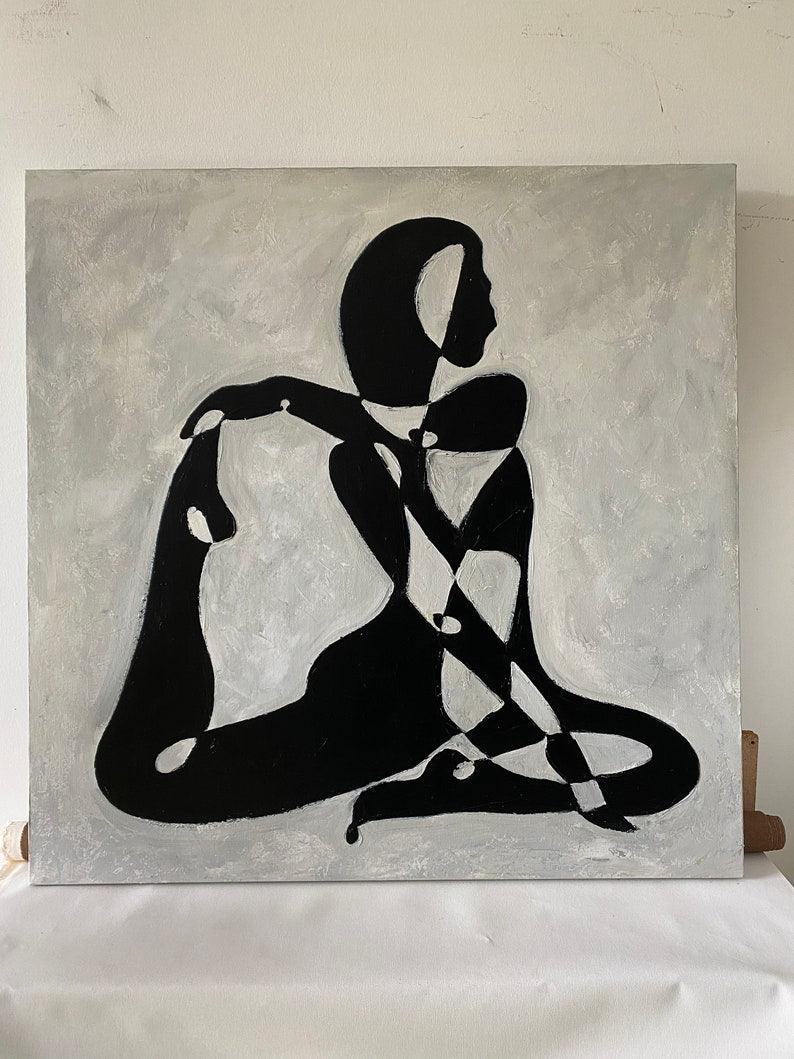 Abstrakte figurative Schwarz-Weiß-Gemälde auf Leinwand Moderne elegante weibliche figurative Abstraktion Kunst Moderne minimalistische Kunst Wanddekoration